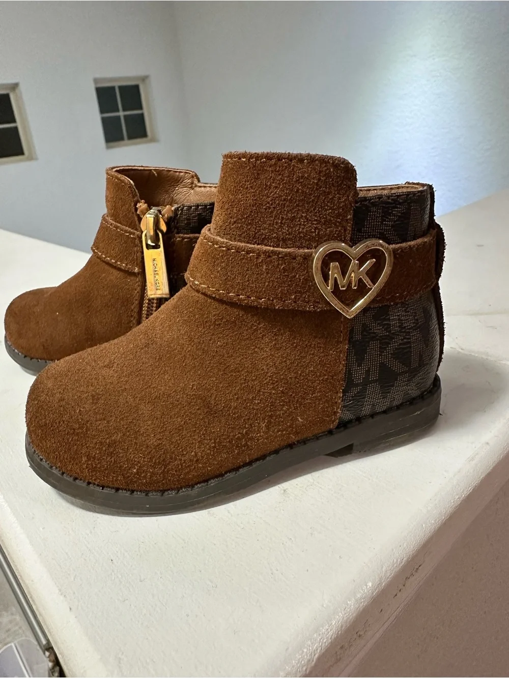 Michael Kors Chestnut Suede-Look Kids Ankle Boots with MK Heart